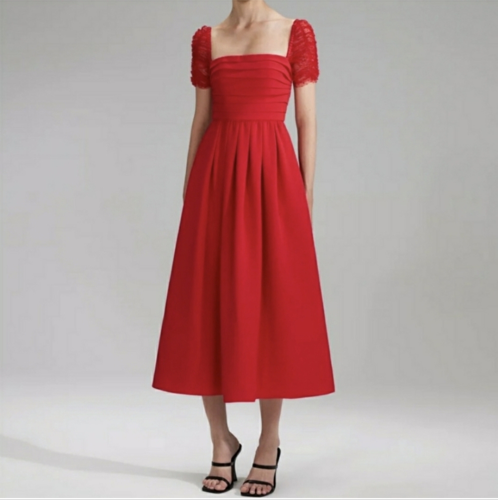 Self-Portrait Red Crepe Dress with Swiss Dot Mesh Sleeves